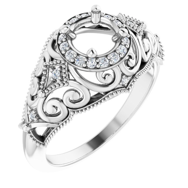 14K White 5.8 mm Round 1/10 CTW Natural Diamond Semi-Set Vintage-Inspired Engagement Ring